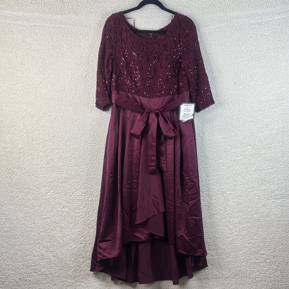 NWT Alex Evenings Womens Burgundy Sequined Lace A Line Satin Dress Size 12P